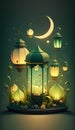 Illustration of Ramadan Kareem greeting card with arabic lanterns and crescent moon