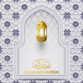 Ramadan Kareem greeting card template with arabic pattern and gold lantern hanging Royalty Free Stock Photo