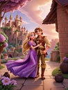 Illustration of Rapunzel and Flynn adventure story, Tangled, 3D Animation Style