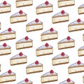 Illustration raster seamless pattern piece of cake souffle yellow color decorated with berry on white isolated