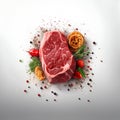 Illustration of raw fresh meat Ribeye steak entrecote of Black Angus Prime meat. Raw meat with seasoning isolated on white Royalty Free Stock Photo