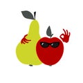 Illustration with real fruit. Pear with sunglasses hugs Apple.