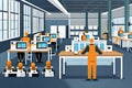 Illustration Of A Real Time Monitoring System\'S Software, Manager Engineers Inspect And Operate Automation Robot Arms Machines In