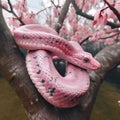 pink snake on blooming tree with pink flowers