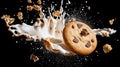 Illustration of realistic chocolate chip cookies milk splash