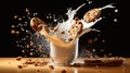 Illustration of realistic chocolate chip cookies milk splash