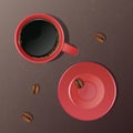 Illustration of a realistic cup of coffee with coffee beans, top view. Vector illustration