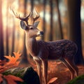 Illustration of realistic deer in the forest under morning sun light, AI-generated image