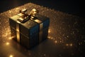 Illustration of a realistic design of black treasure gift box tied with gold ribbon placed on a luxurious shiny gold table.