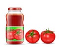 illustration of red tomatoes and jars with tomato juice, ketchup, sauce. Royalty Free Stock Photo