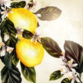 Illustration with realistic vector lemon on a blooming branches