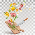 recipe for cooking meat with vegetables. Vector 3d illustration of pork meat, yellow paprika, eggs, green onions, parsley, spices