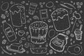 Illustration Recipe Easter cake. Set objects for cooking isolated on black chalk board recipe for cafe menu price tag