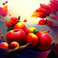 Illustration of red apples and autumn leaves on water surface. Digital painting. AI Generated Royalty Free Stock Photo