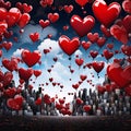 Illustration, red balloons in feral hearts flying out over skyscrapers. Heart as a symbol of affection ane
