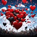 Illustration, red balloons in feral hearts flying out over skyscrapers. Heart as a symbol of affection ane