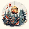Illustration of red birds, Christmas trees, and a bobble derail. Christmas card as a symbol of remembrance of the birth of the