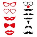 Illustration of red and black glasses, mustaches, bows, masks, lips on a white background