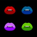 Illustration of red, blue, green and purple parted lips.