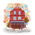 Illustration with red brick townhouse