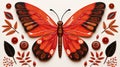 an illustration of a red butterfly surrounded by leaves and flowers Royalty Free Stock Photo