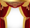 red curtain with a gold lambrequin and a picturesque screen