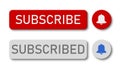 Illustration of red and gray buttons with subscribe, subscribed and notification bell buttons