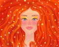 Illustration of a red-haired beautiful girl, with lush red hair. Portrait, cute pretty face. Art drawing