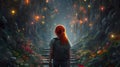 Illustration of a red-haired girl from the back with a backpack walking through a forest in digital visual art.