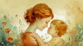 An Illustration Of A Red-Haired Mother Gazing Lovingly Her Young Child, Both Immersed In A Whimsical