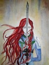 Illustration of a red-haired viking girl with a sword