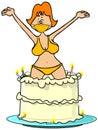 Girl wearing a bikini and matching face mask jumping out of a cake Royalty Free Stock Photo