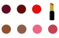 A red lipstick and seven colors of lipstick swatches.