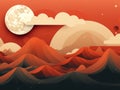 an illustration of a red and orange landscape with mountains and a full moon