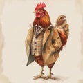 Illustration red rooster chicken wearing elegant country clothes