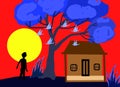 Illustration Of Red Sky Blue Tree With Small House, And A Man Watching Sun.