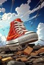 An illustration of a red sport shoe on top of a pile of rubble, AI