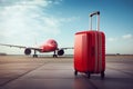 illustration of a red suitcase in the airport, airplane in the background. Generative AI