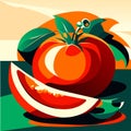 Illustration of a red tomato with a slice of melon. AI generated