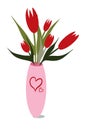 Illustration of red tulips in a pink vase decorated with two hearts