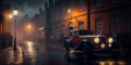 Illustration of red vintage car on the cobble stone street, historic European cityscape with misty environment, AI-generated