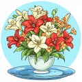 Illustration of a Red and White Lily Bouquet on a Light Blue Background Royalty Free Stock Photo