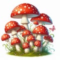 An Illustration of Red and White Toadstools in a Lush Green Setting with Small Pink Butterflies. Royalty Free Stock Photo
