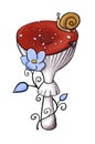 Illustration of redcap fly agaric with snail and blue flower. Hand-drawn poisonous red mushroom with dots isolated on