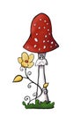 Illustration of redcap fly agaric with yellow flower on green grass. Hand-drawn poisonous mushroom with dots on red cap