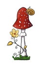 Illustration of redcap fly agaric with yellow flower and snail on green grass. Hand-drawn poisonous mushroom with dots