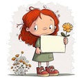 Illustration of a redhaired girl holding a blank poster and with many flowers around. Generative AI