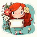 Illustration of a redhaired girl holding a blank poster and with many flowers around. Generative AI