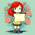 Illustration of a redhaired girl holding a blank poster and with many flowers around. Generative AI