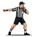 Illustration of a referee blowing a whistle and pointing to the side. Dressed in a black Royalty Free Stock Photo